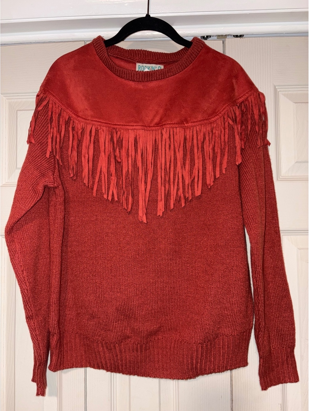 Rockin C Fringe Sweater Womens M NWT Rust Red Western Suede Yoke Cowgirl Boho